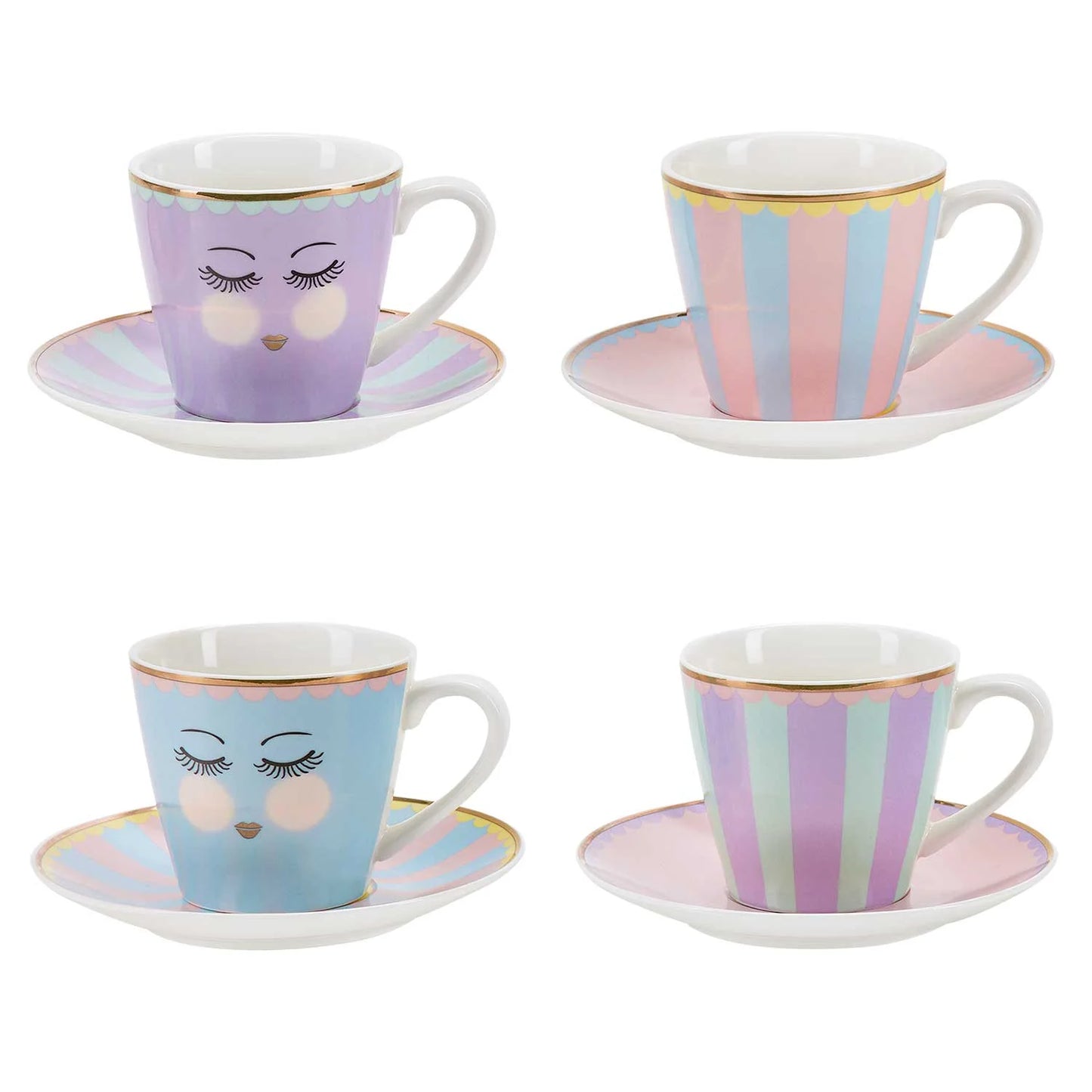 Tekopper og tallerkner i porcelæn i pastelfarver - 4 stk.