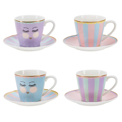 Tekopper og tallerkner i porcelæn i pastelfarver - 4 stk.
